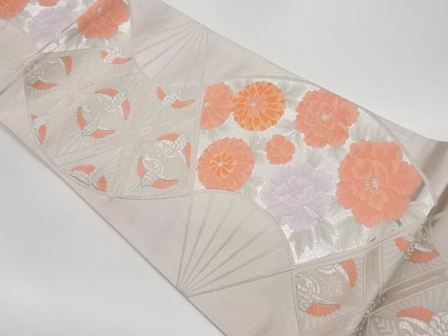 リサイクル　扇に菊・牡丹・鶴菱模様織出し袋帯